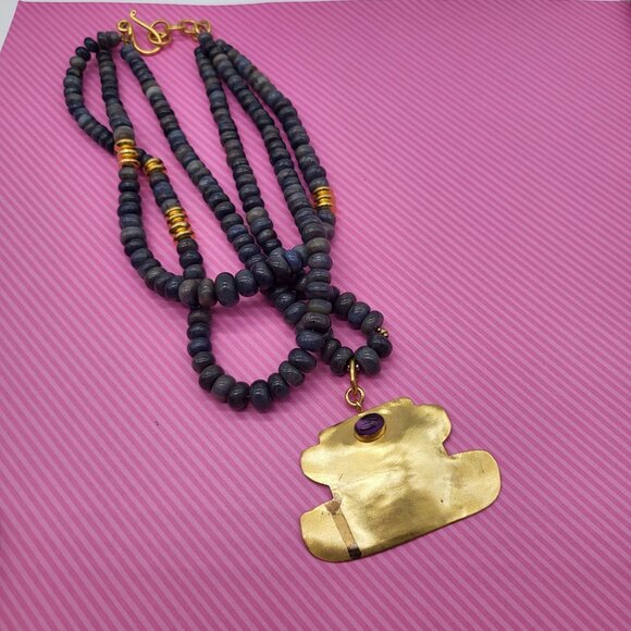 Ana Srdic S Africa Lapis Lazuli Beaded Gold Vermeil Amethyst Cabochon Necklace - Picture 9 of 14